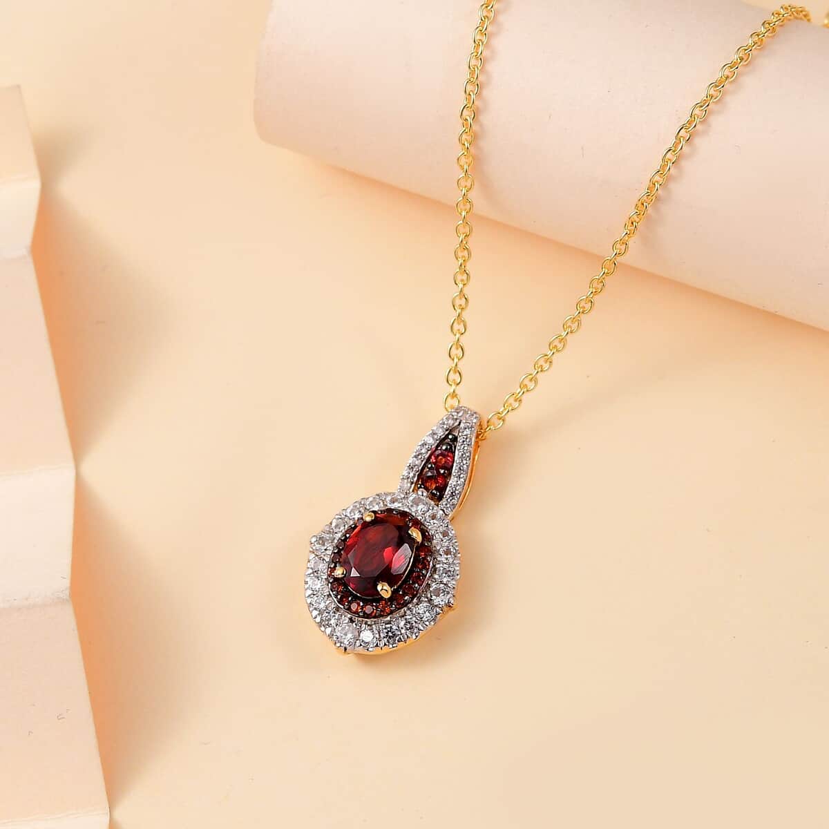 Mozambique Garnet and White Zircon 2.60 ctw Floral Radiance Pendant in 18K Vermeil Yellow Gold Over Sterling Silver with ION Plated YG Stainless Steel Necklace 20 Inches image number 1