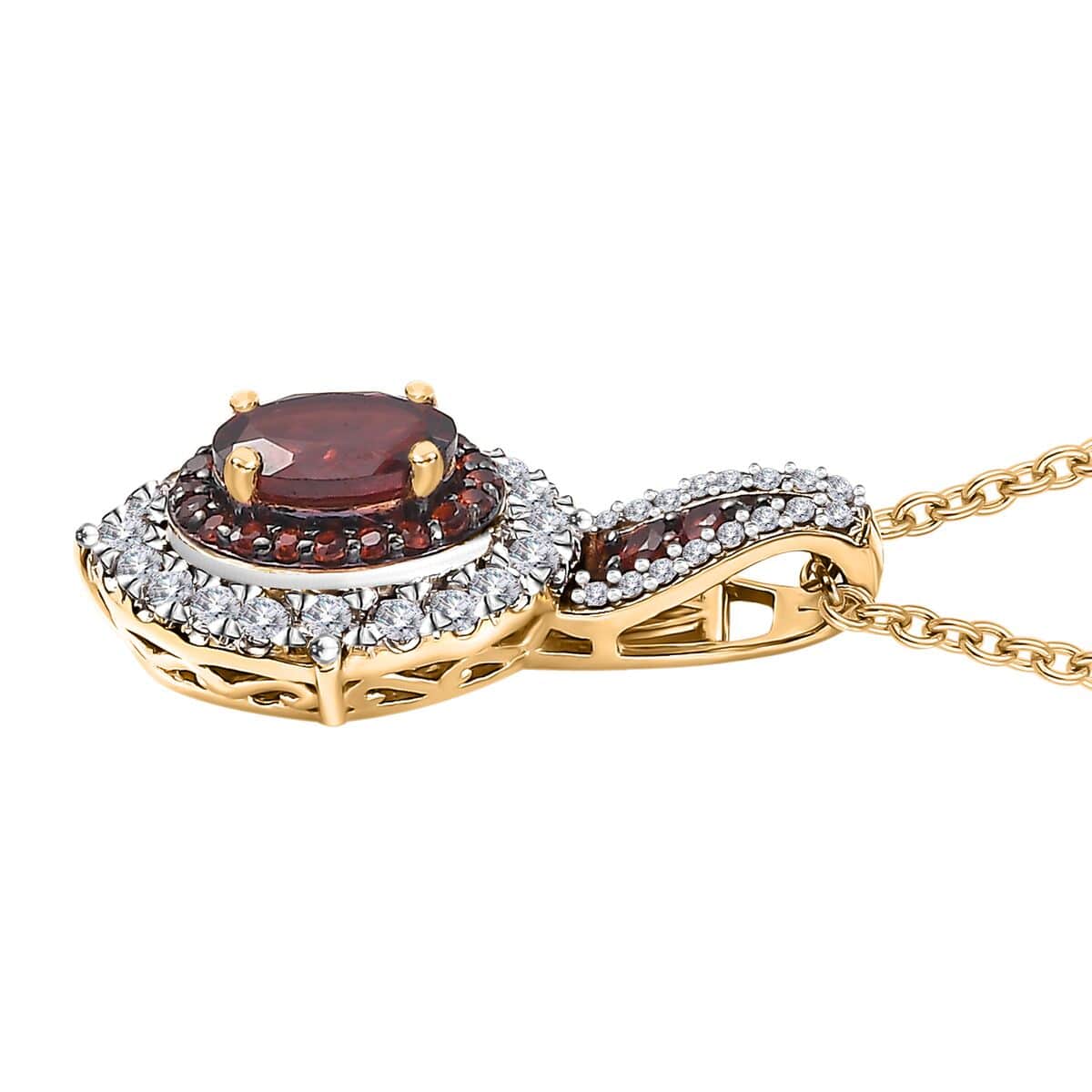 Mozambique Garnet and White Zircon 2.60 ctw Floral Radiance Pendant in 18K Vermeil Yellow Gold Over Sterling Silver with ION Plated YG Stainless Steel Necklace 20 Inches image number 3