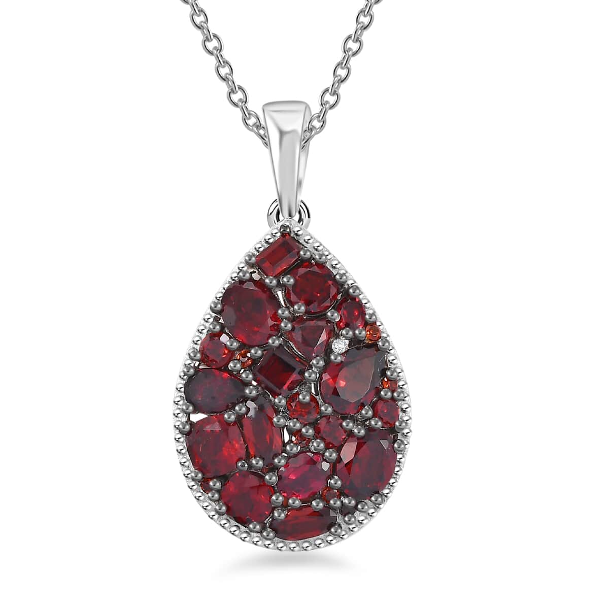 Mozambique Garnet and White Zircon 4.40 ctw Dahlia Flower Pendant in Rhodium Over Sterling Silver with Stainless Steel Necklace 20 Inches image number 0