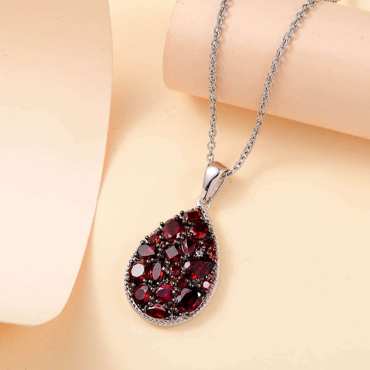 Mozambique Garnet and White Zircon 4.40 ctw Dahlia Flower Pendant in Rhodium Over Sterling Silver with Stainless Steel Necklace 20 Inches image number 1