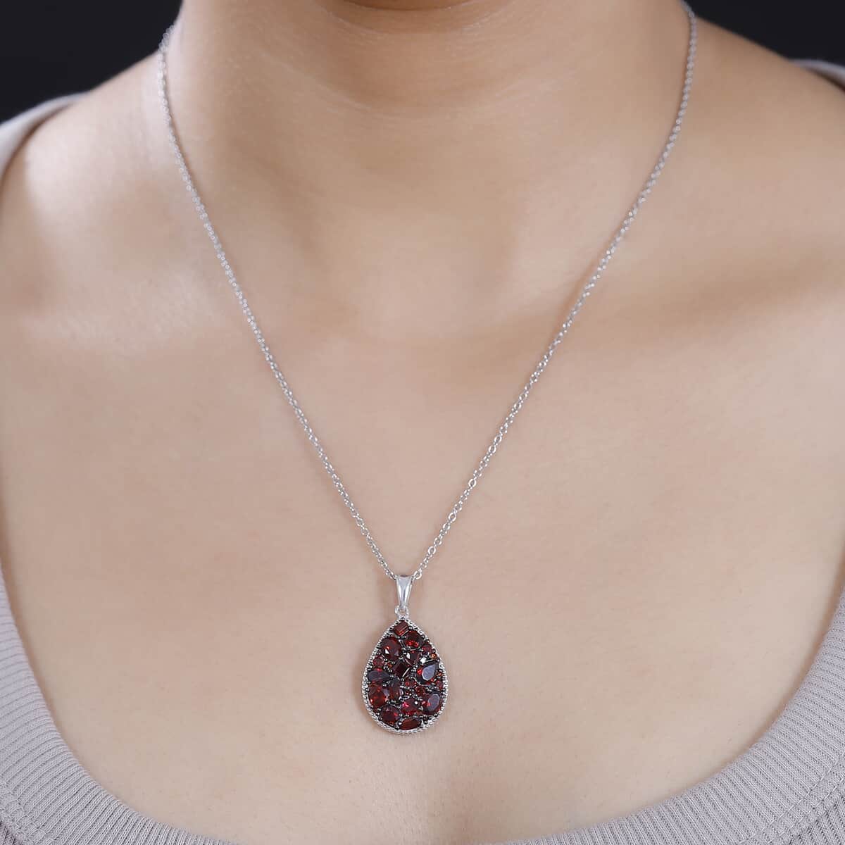 Mozambique Garnet and White Zircon 4.40 ctw Dahlia Flower Pendant in Rhodium Over Sterling Silver with Stainless Steel Necklace 20 Inches image number 2