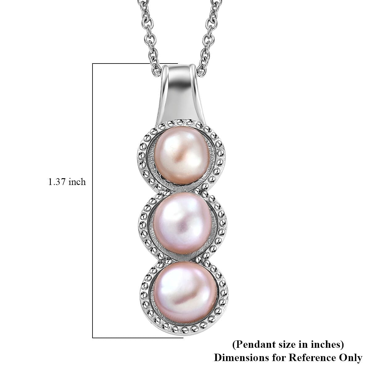 Karis Pink Fresh Water Pearl 3 Stone Pendant in Platinum Bond with Stainless Steel Necklace 20 Inches