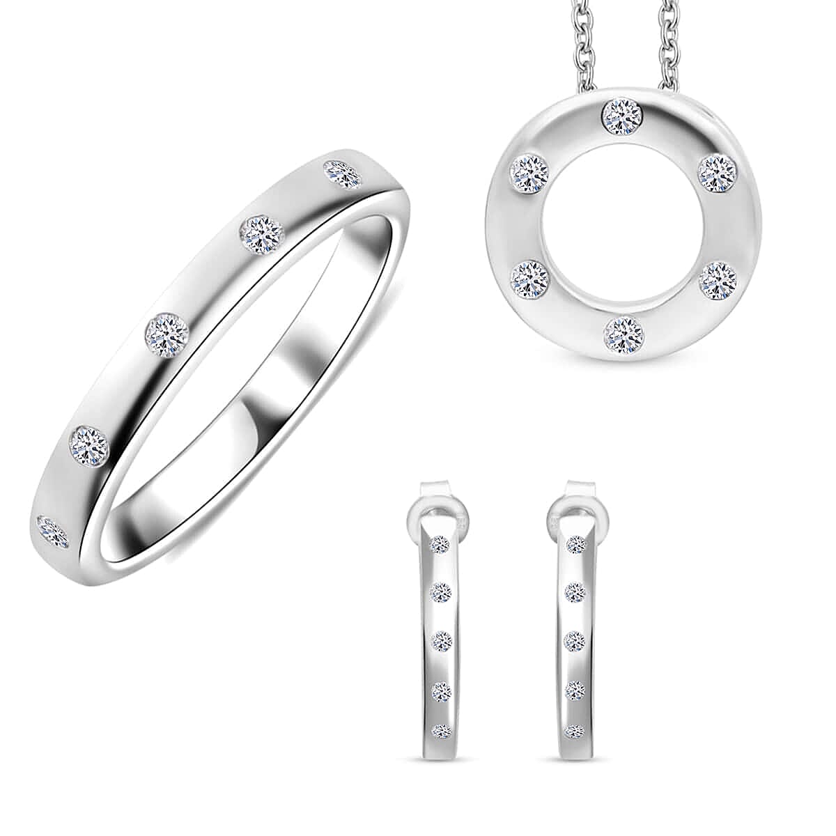 Luxuriant Lab Grown Diamond G-H SI 0.50 ctw Hoop Earrings, Band Ring (Size 6) and Circle Pendant Necklace in Platinum Over Sterling Silver 18 Inches