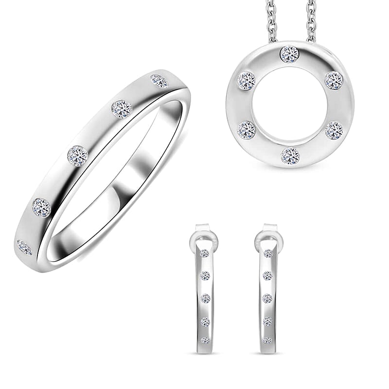 Luxuriant Lab Grown Diamond G-H SI 0.50 ctw Hoop Earrings, Band Ring (Size 10) and Circle Pendant Necklace in Platinum Over Sterling Silver 18 Inches