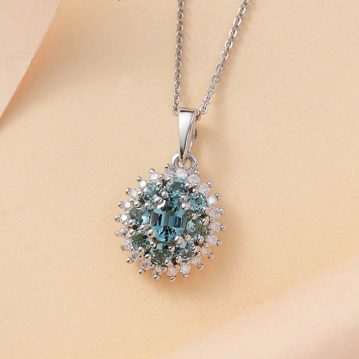 Pirineu Lagoon Tourmaline and Moissanite 1.25 ctw Ocean Blossom Pendant Necklace in Rhodium Over Sterling Silver 20 Inches image number 1