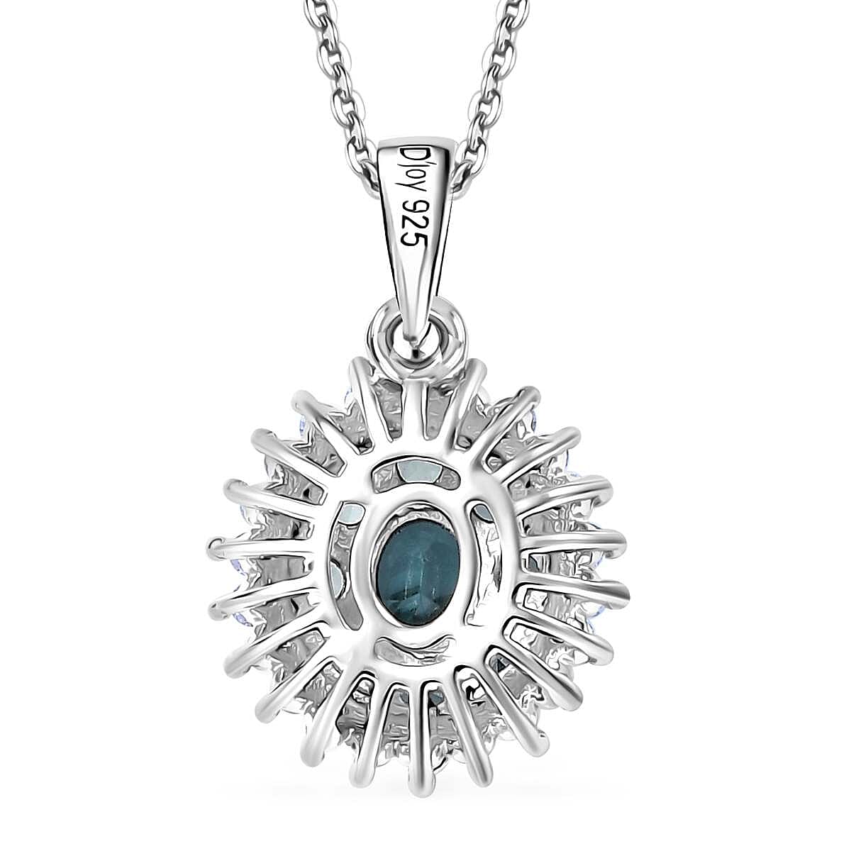 Pirineu Lagoon Tourmaline and Moissanite 1.25 ctw Ocean Blossom Pendant Necklace in Rhodium Over Sterling Silver 20 Inches
