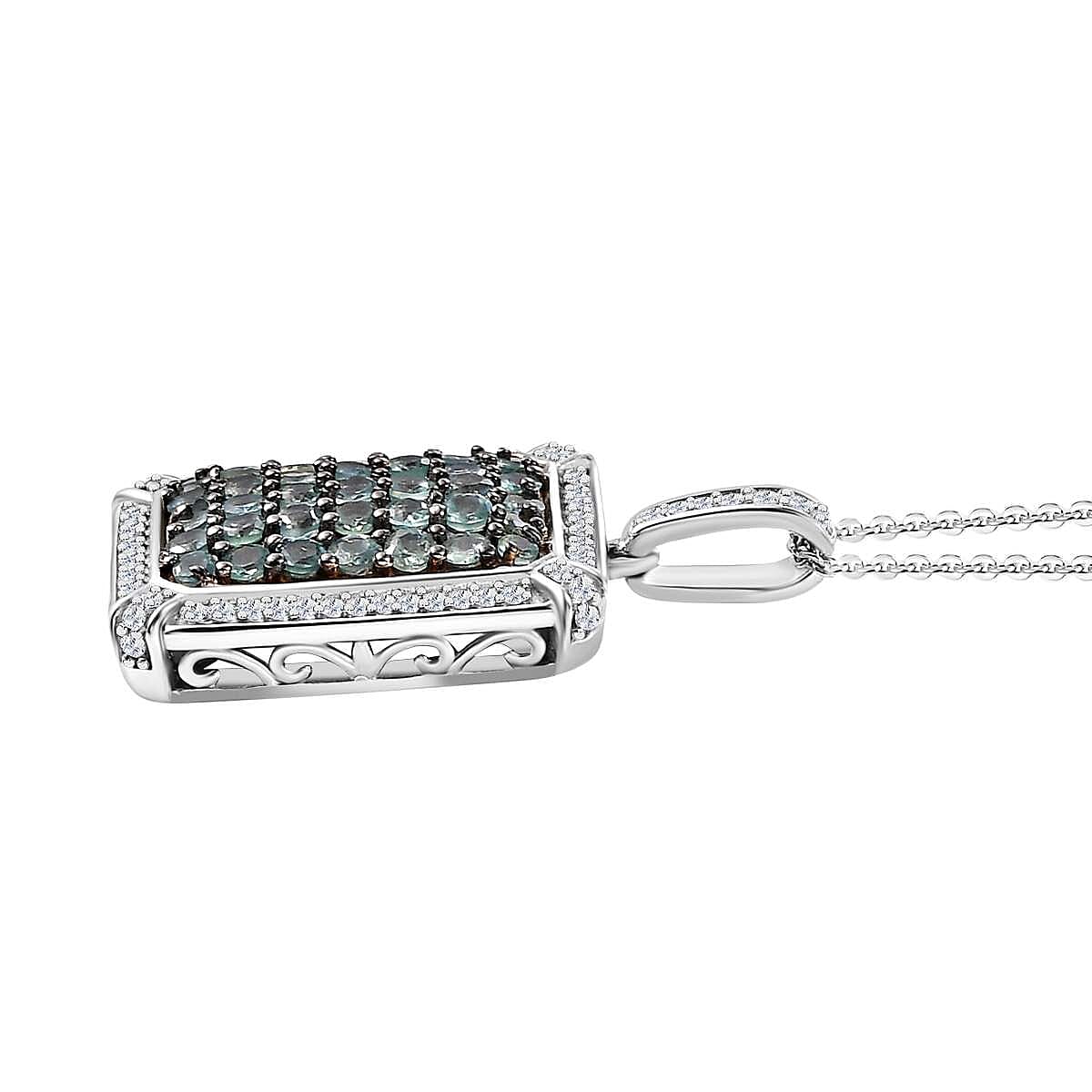 Narsipatnam Alexandrite and White Zircon 2.30 ctw Rectangular Pave Pendant Necklace in Rhodium Over Sterling Silver 20 Inches