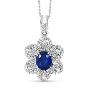 Kashmir Kyanite and White Zircon 4.35 ctw Floral Pendant Necklace in Rhodium Over Sterling Silver 18 Inches