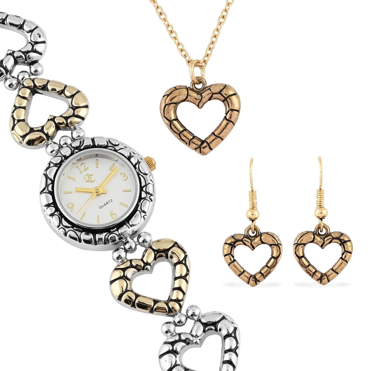 GC Quartz Movement Heart Band Watch with Heart Necklace 18 Inches and Earrings in Goldtone & Rosetone image number 0