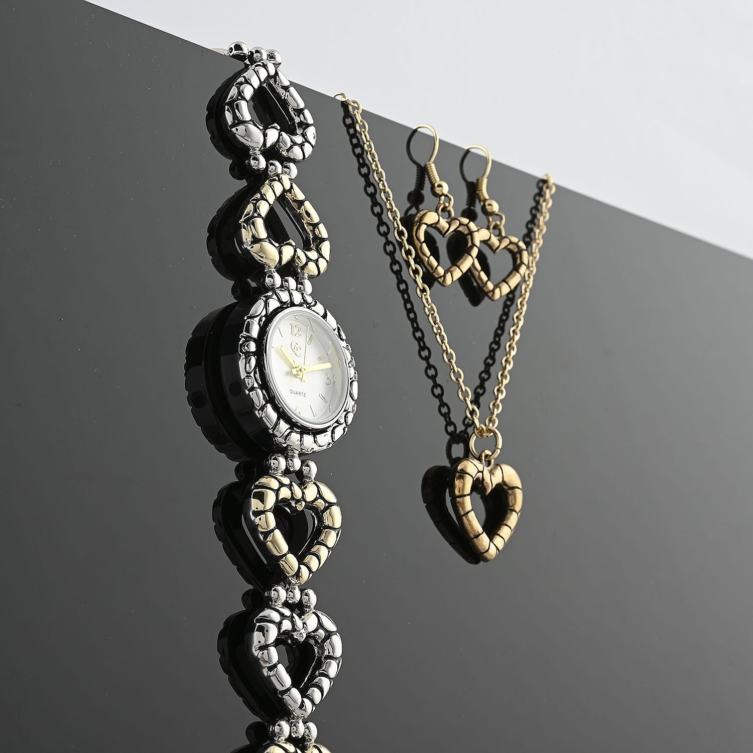 GC Quartz Movement Heart Band Watch with Heart Necklace 18 Inches and Earrings in Goldtone & Rosetone