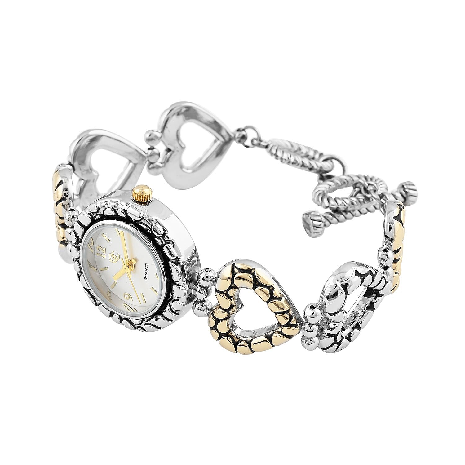 GC Quartz Movement Heart Band Watch with Heart Necklace 18 Inches and Earrings in Goldtone & Rosetone