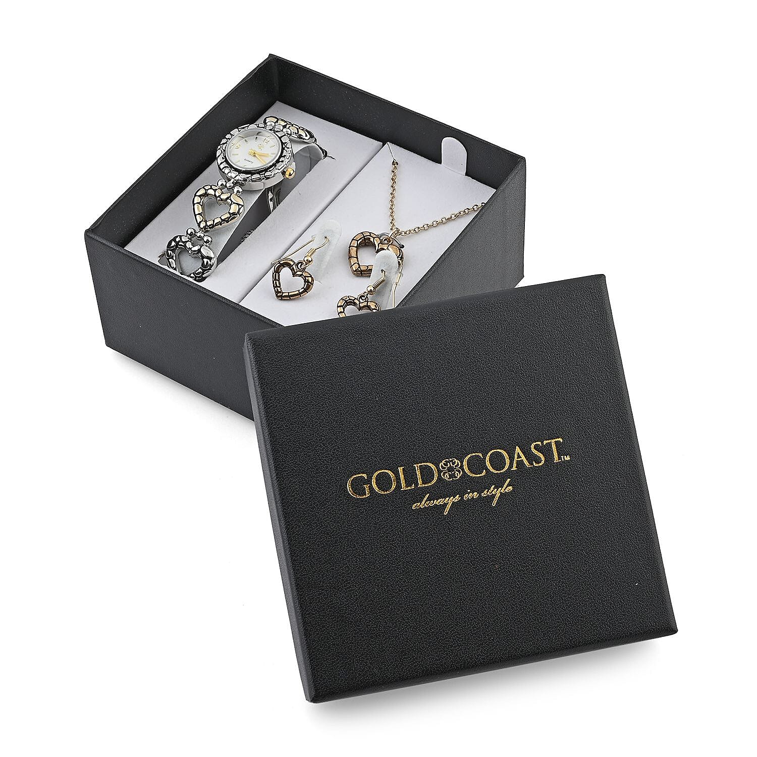 GC Quartz Movement Heart Band Watch with Heart Necklace 18 Inches and Earrings in Goldtone & Rosetone