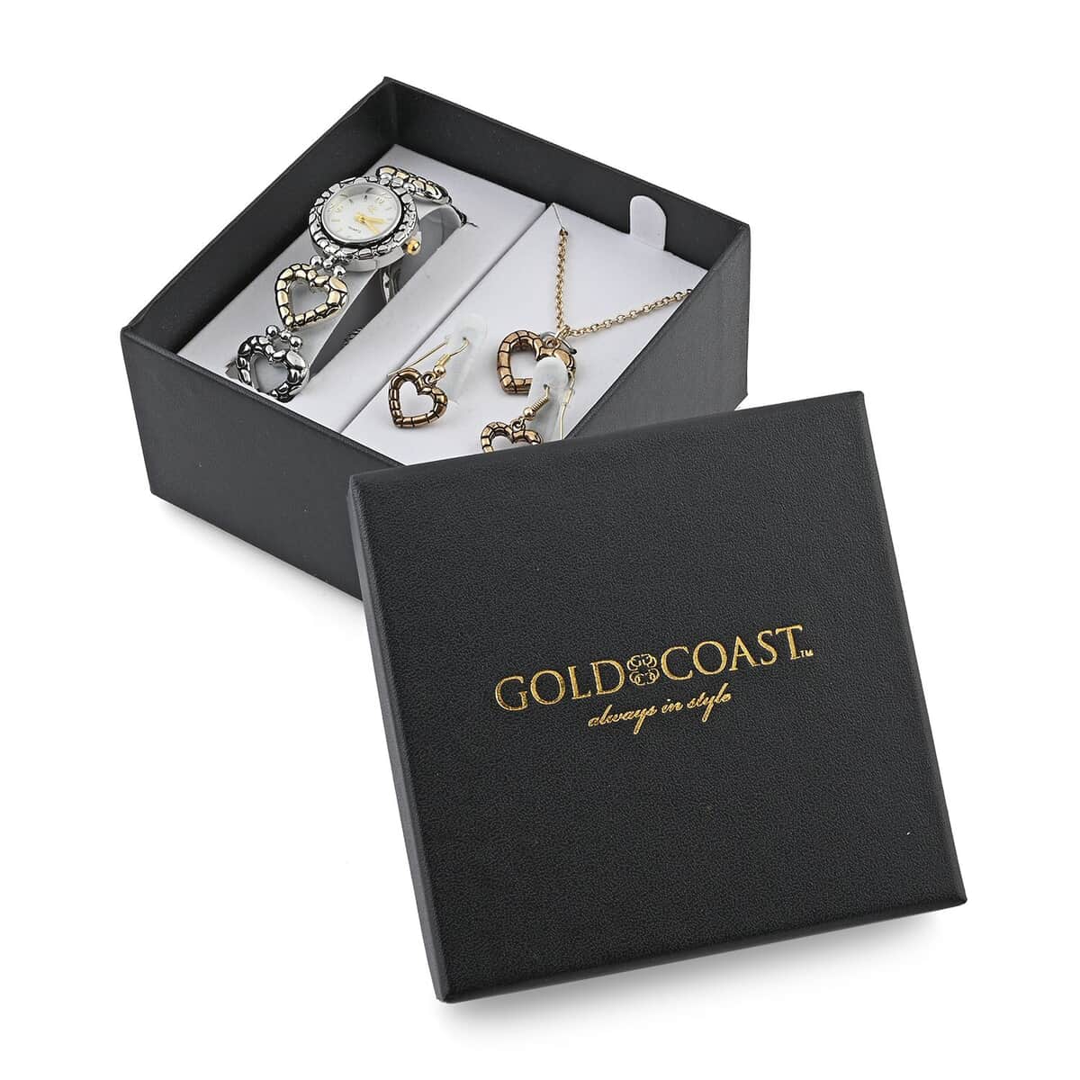 GC Quartz Movement Heart Band Watch with Heart Necklace 18 Inches and Earrings in Goldtone & Rosetone image number 7