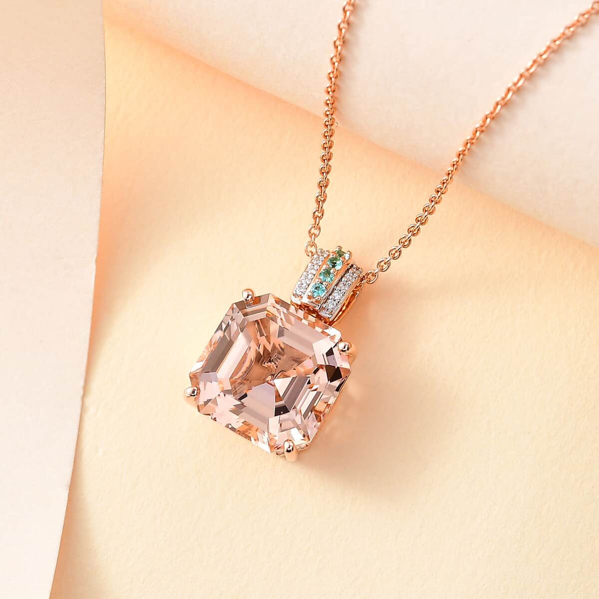 Iliana 18K Rose Gold AAA Marropino Morganite, Paraiba Tourmaline and G-H SI Diamond Accent 7.35 ctw Pendant Necklace 18 Inches 4.80 Grams image number 1