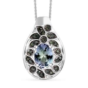 Peacock Tanzanite and Green Diamond 1.30 ctw Pendant Necklace in Rhodium Over Sterling Silver 20 Inches