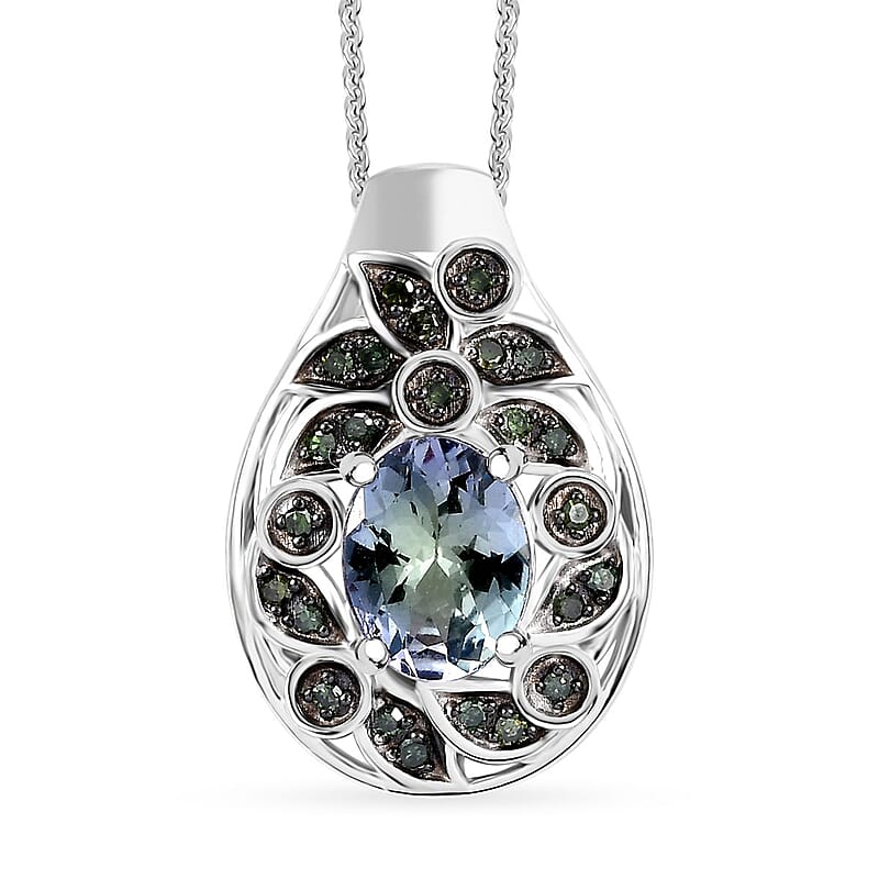 Peacock Tanzanite and Green Diamond 1.30 ctw Pendant Necklace in Rhodium Over Sterling Silver 20 Inches