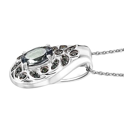 Peacock Tanzanite and Green Diamond 1.30 ctw Pendant Necklace in Rhodium Over Sterling Silver 20 Inches