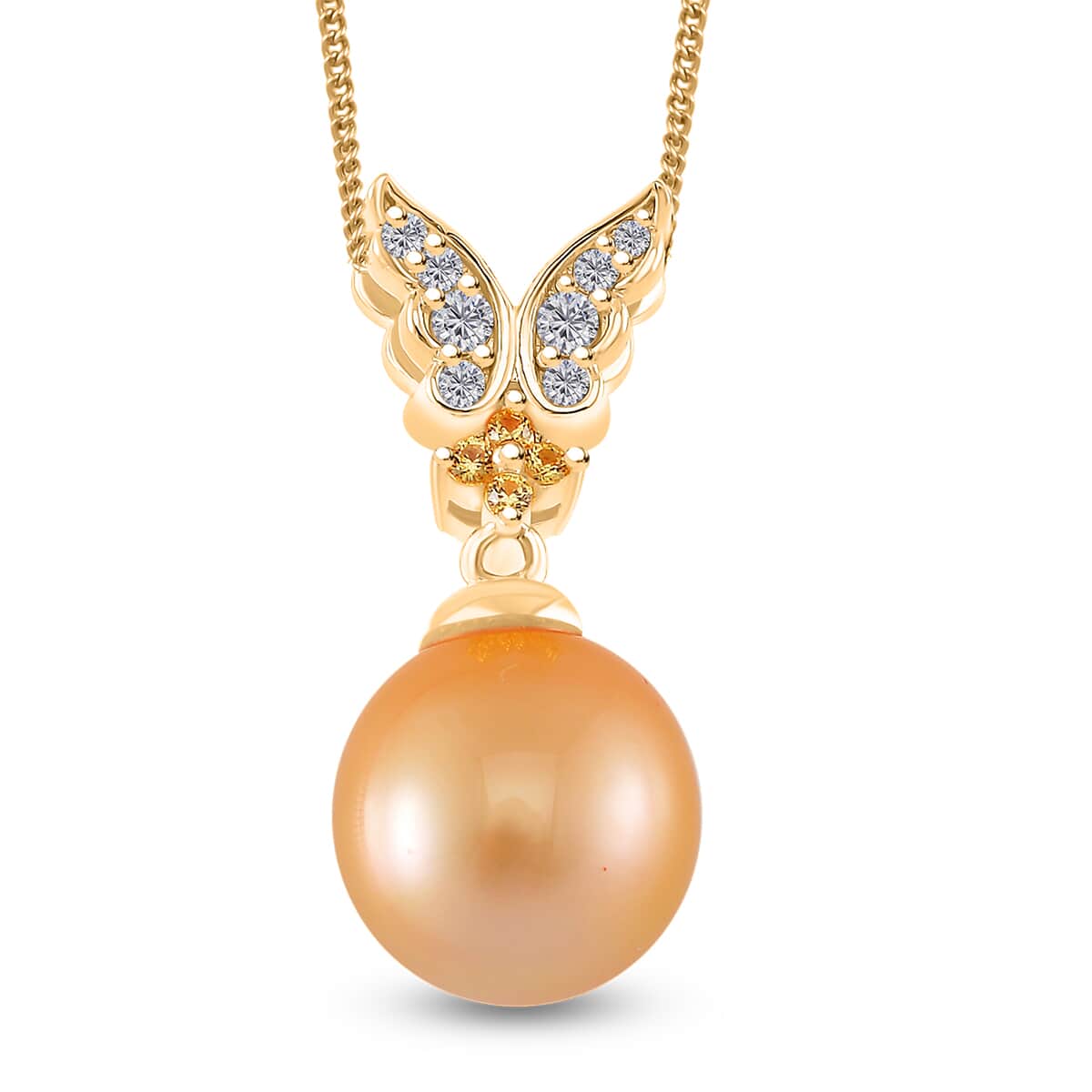 South Sea Golden Cultured Pearl and Multi Gemstone 0.30 ctw Butterfly Pendant Necklace in 18K Vermeil Yellow Gold Over Sterling Silver 20 Inches image number 0