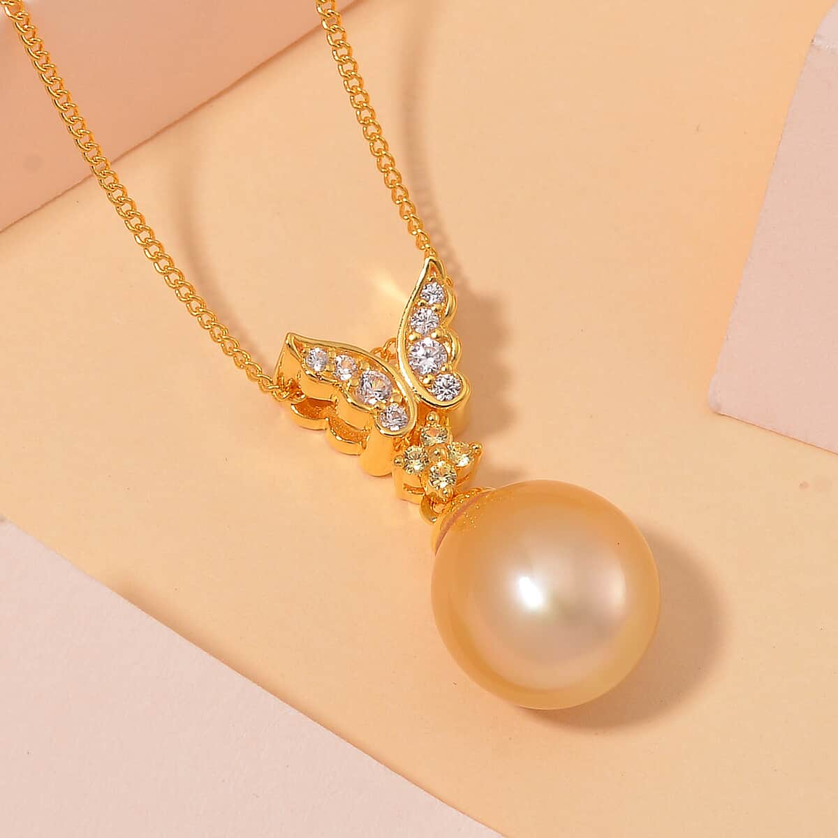 South Sea Golden Cultured Pearl and Multi Gemstone 0.30 ctw Butterfly Pendant Necklace in 18K Vermeil Yellow Gold Over Sterling Silver 20 Inches image number 1