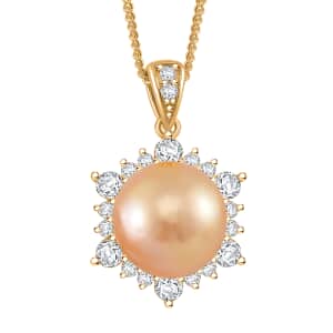 South Sea Golden Cultured Pearl and Moissanite 0.60 ctw Sunlit Elegance Pendant Necklace in 18K Vermeil Yellow Gold Over Sterling Silver 20 Inches (Del. in 8-10 Days)