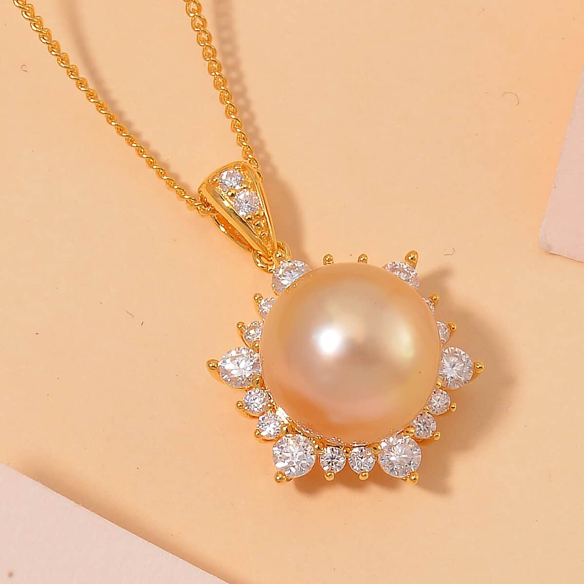 South Sea Golden Cultured Pearl and Moissanite 0.60 ctw Sunlit Elegance Pendant Necklace in 18K Vermeil Yellow Gold Over Sterling Silver 20 Inches image number 1