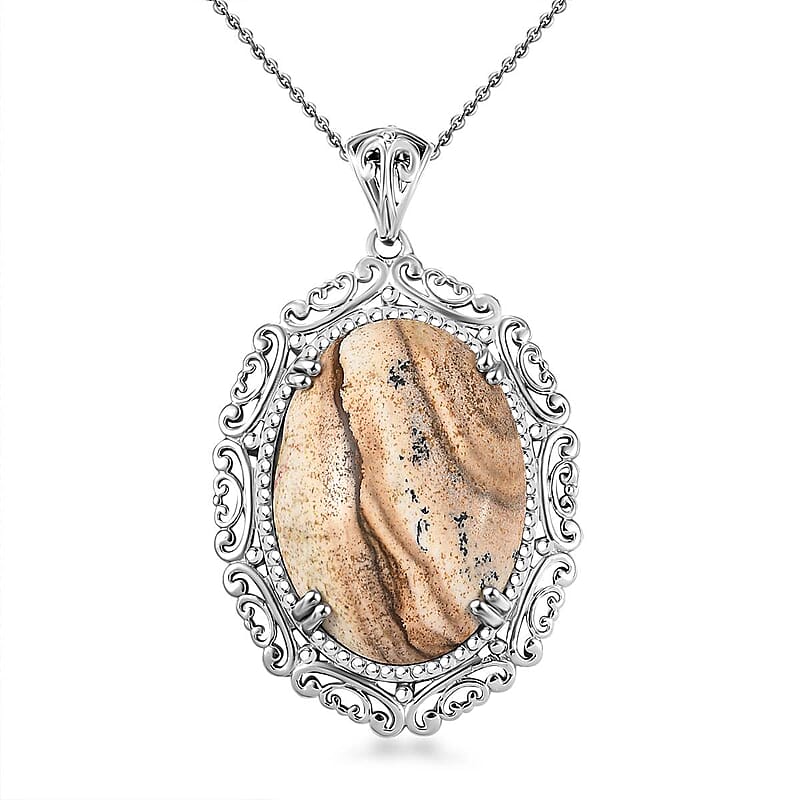 Picture Jasper 34.00 ctw Pendant Necklace 20 Inches in Stainless Steel