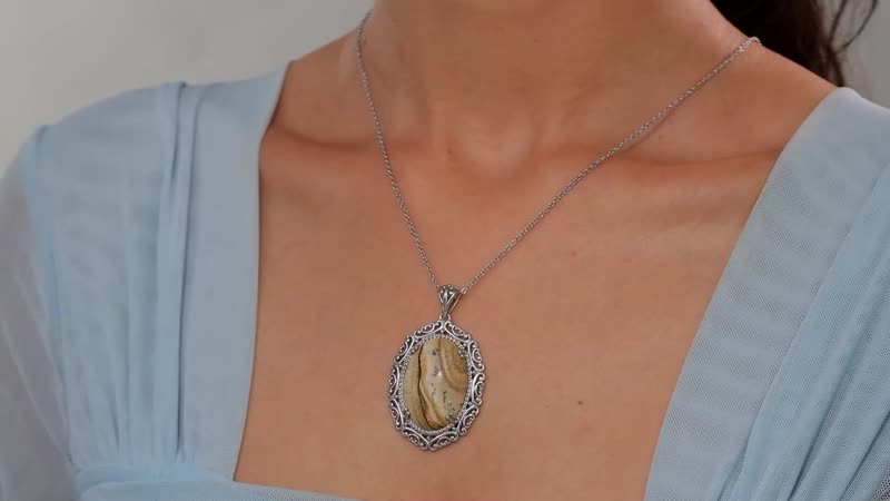 Picture Jasper Pendant Necklace (20 Inches) in Stainless Steel 34.00 ctw