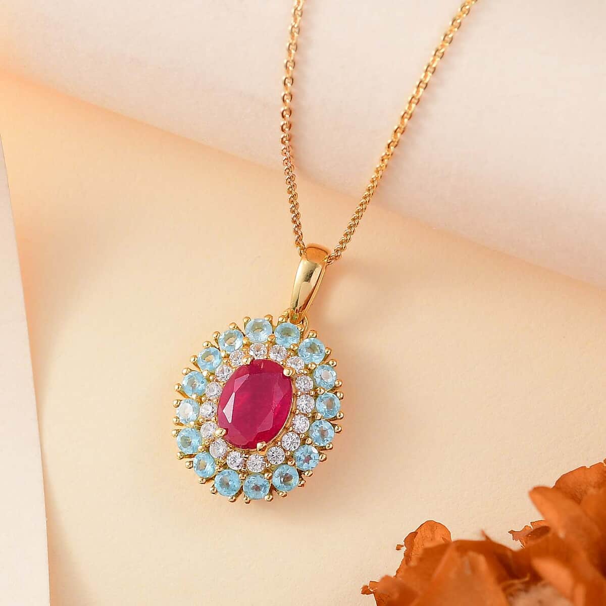 Premium Niassa Ruby (FF) and Multi Gemstone 3.00 ctw Blooming Pendant Necklace in 18K Vermeil YG Over Sterling Silver 20 Inches image number 1