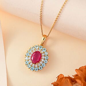 Premium Niassa Ruby (FF) and Multi Gemstone 3.00 ctw Blooming Pendant Necklace in 18K Vermeil YG Over Sterling Silver 20 Inches