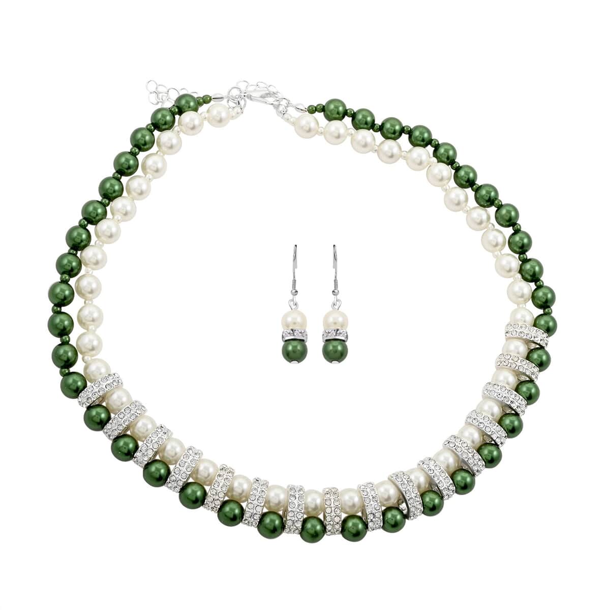 Simulated White and Green Pearl, Simulated Diamond 3.60 ctw Necklace and Earrings in Silvertone 18-20 Inches image number 0