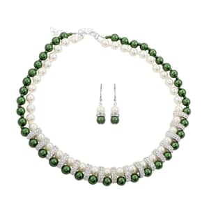 Simulated White and Green Pearl, Simulated Diamond 3.60 ctw Necklace and Earrings in Silvertone 18-20 Inches