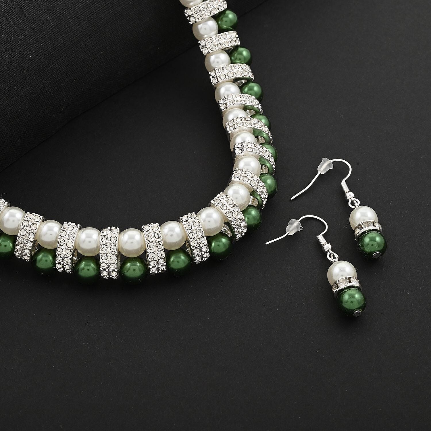 Simulated White and Green Pearl, Simulated Diamond 3.60 ctw Necklace and Earrings in Silvertone 18-20 Inches