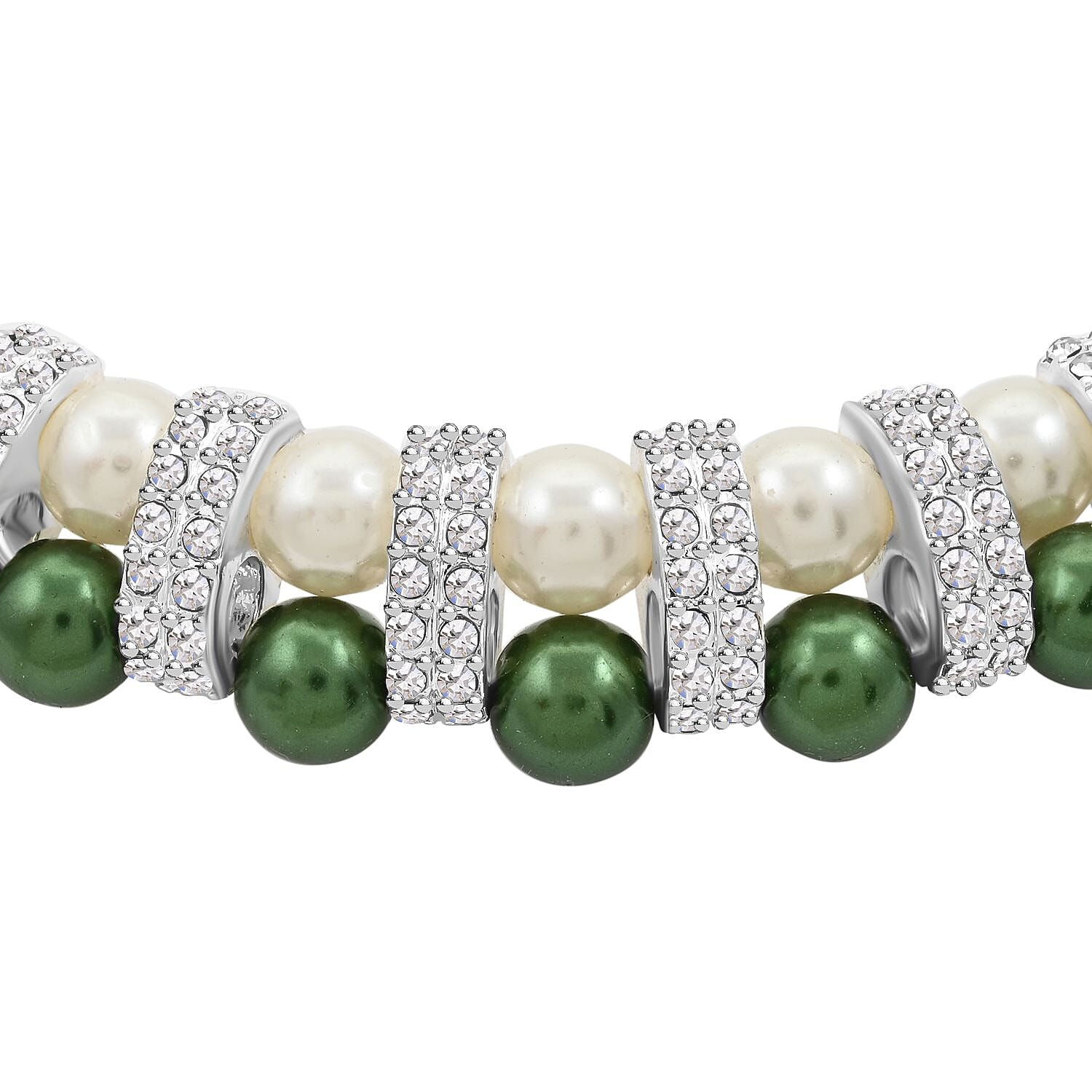 Simulated White and Green Pearl, Simulated Diamond 3.60 ctw Necklace and Earrings in Silvertone 18-20 Inches