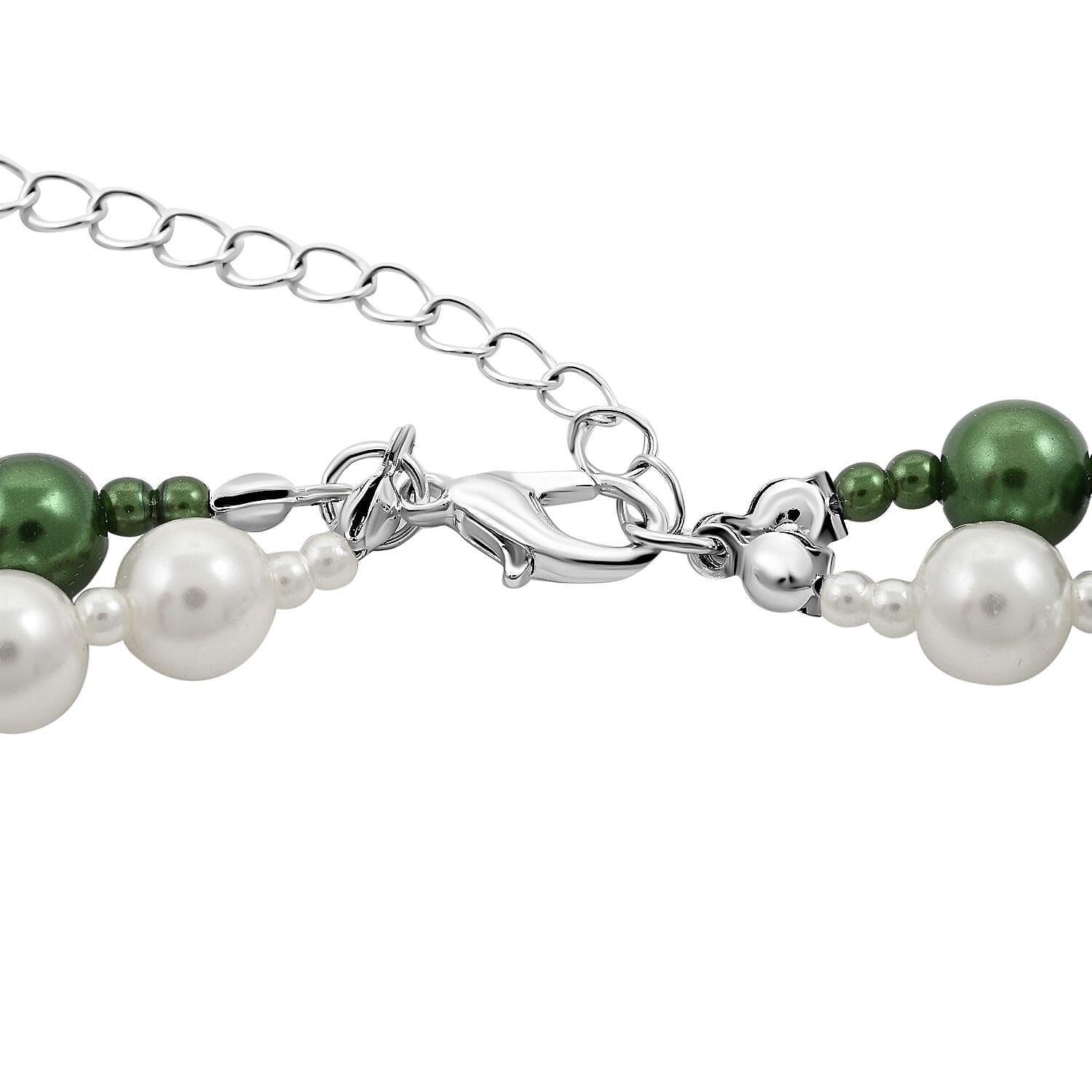 Simulated White and Green Pearl, Simulated Diamond 3.60 ctw Necklace and Earrings in Silvertone 18-20 Inches