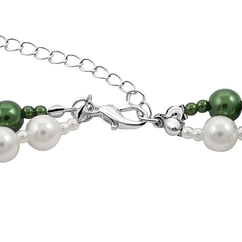 Simulated White and Green Pearl, Simulated Diamond 3.60 ctw Necklace and Earrings in Silvertone 18-20 Inches