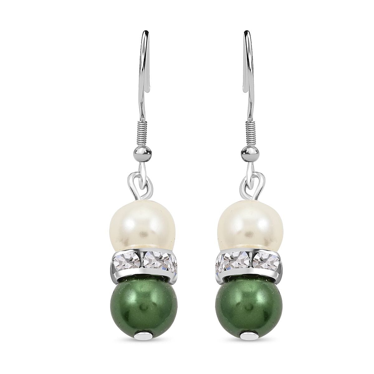 Simulated White and Green Pearl, Simulated Diamond 3.60 ctw Necklace and Earrings in Silvertone 18-20 Inches