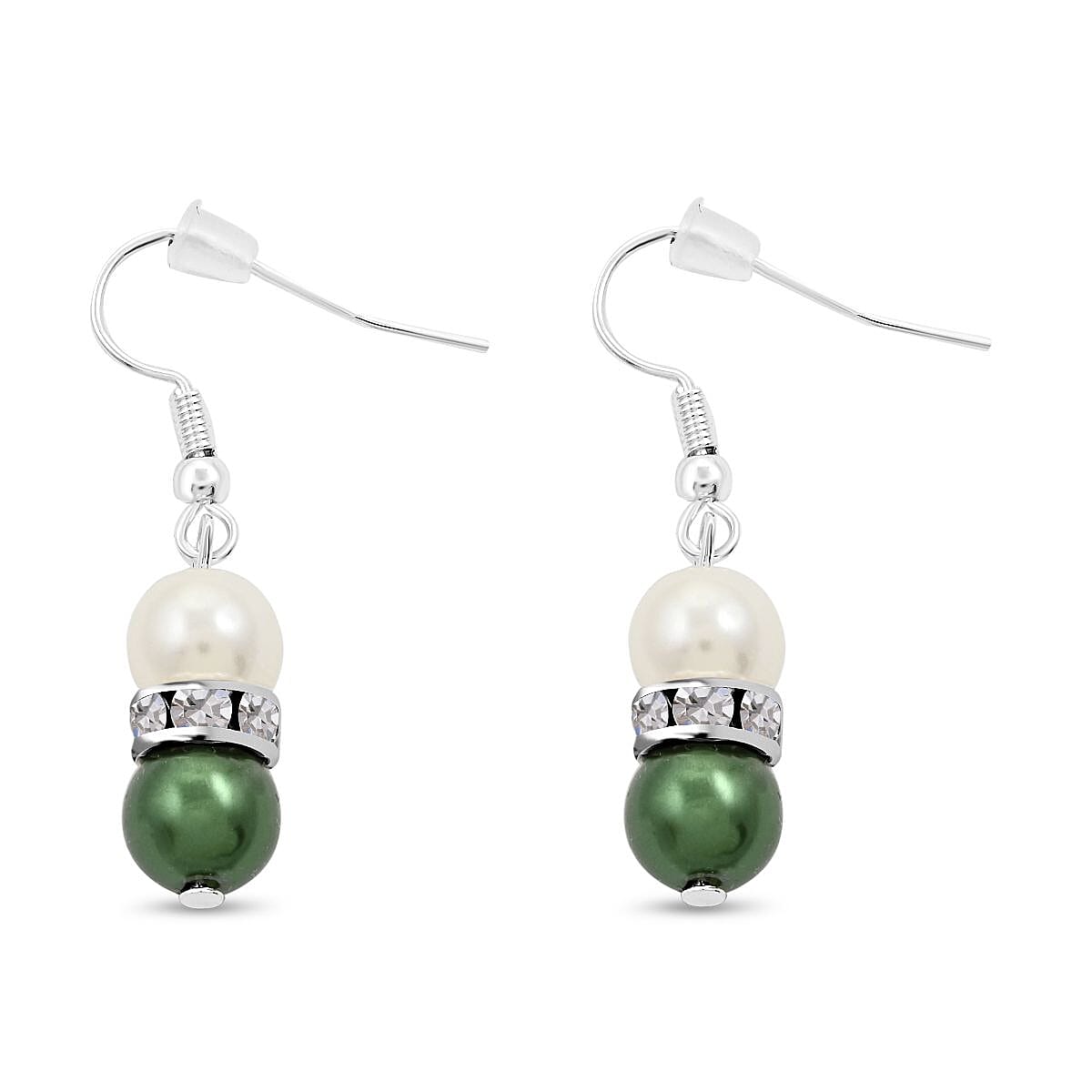 Simulated White and Green Pearl, Simulated Diamond 3.60 ctw Necklace and Earrings in Silvertone 18-20 Inches