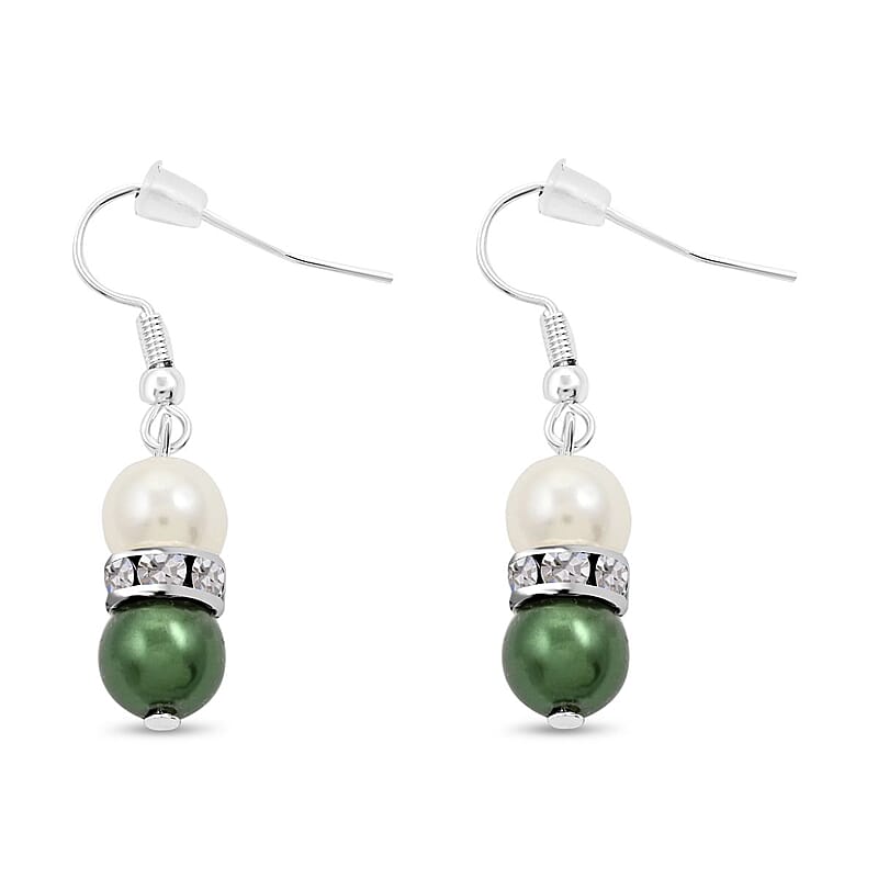 Simulated White and Green Pearl, Simulated Diamond 3.60 ctw Necklace and Earrings in Silvertone 18-20 Inches
