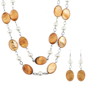 Golden Mother Of Pearl and White Pearl Double Strand Necklace and Earrings in Silvertone 36 Inches