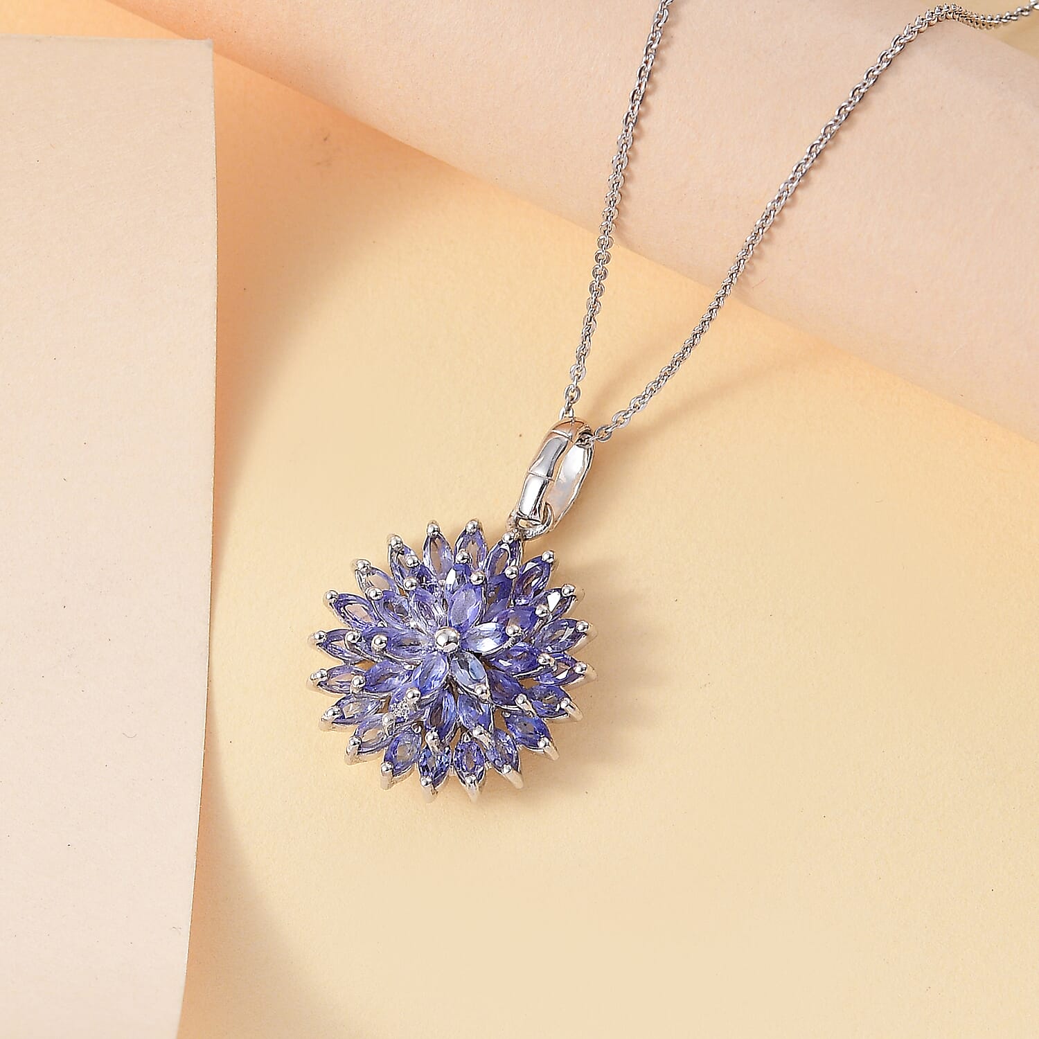Tanzanite 3.25 ctw Pagoda Bloom Pendant Necklace 20 Inches in Rhodium Over Sterling Silver