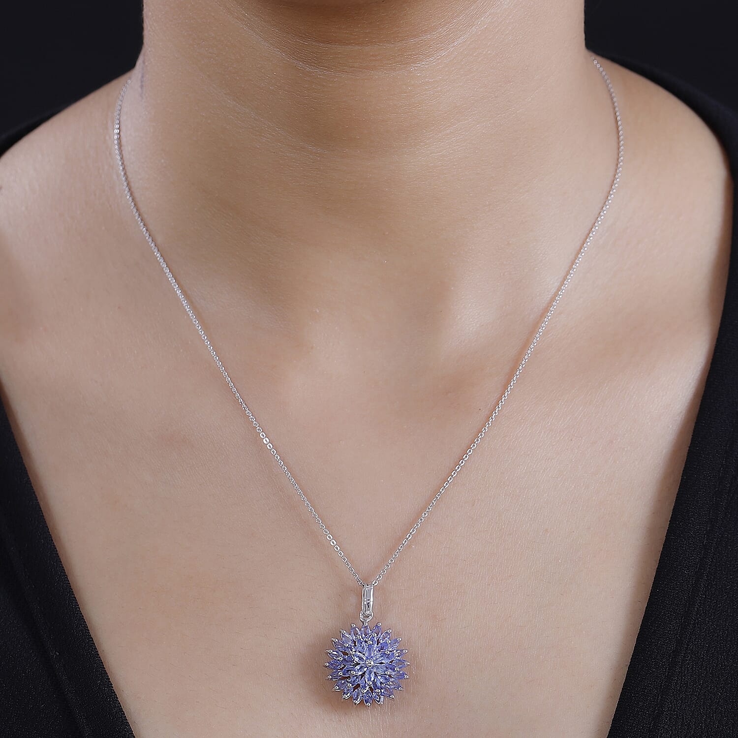 Tanzanite 3.25 ctw Pagoda Bloom Pendant Necklace 20 Inches in Rhodium Over Sterling Silver