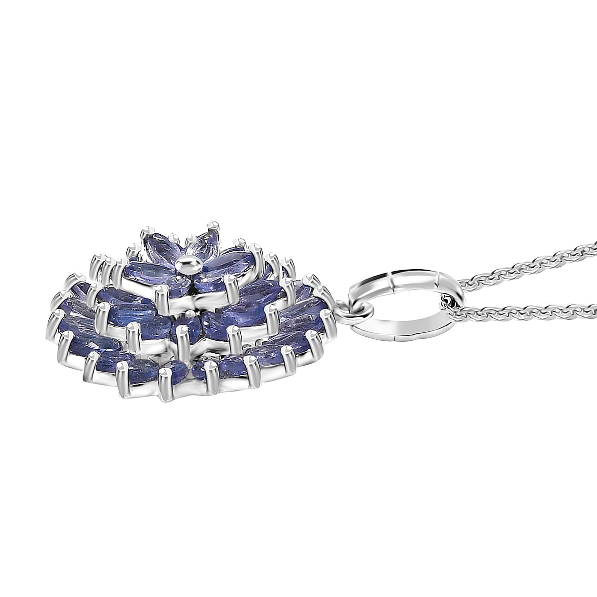 Tanzanite 3.25 ctw Pagoda Bloom Pendant Necklace 20 Inches in Rhodium Over Sterling Silver