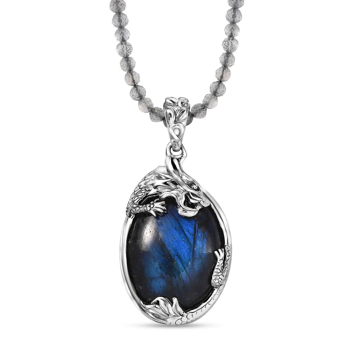 Karis Malagasy Labradorite 70.00 ctw Dragon Pendant with Beaded Necklace in Platinum Bond 18-20 Inches image number 0