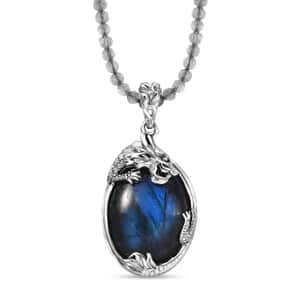 Karis Malagasy Labradorite 70.00 ctw Dragon Pendant with Beaded Necklace in Platinum Bond 18-20 Inches