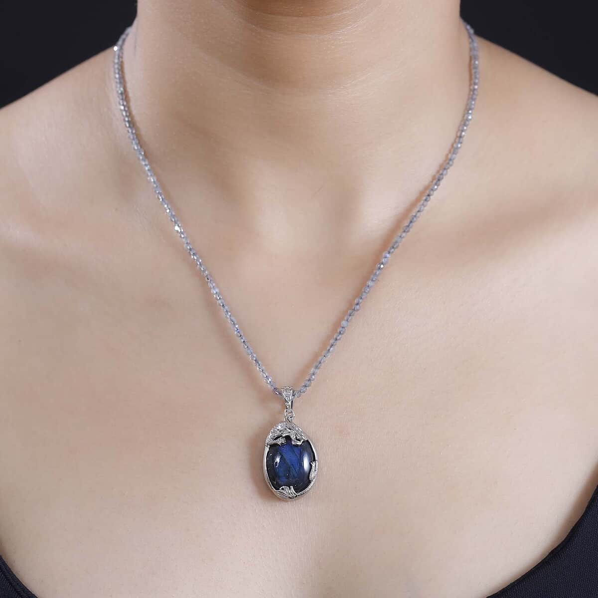 Karis Malagasy Labradorite 70.00 ctw Dragon Pendant with Beaded Necklace in Platinum Bond 18-20 Inches image number 2