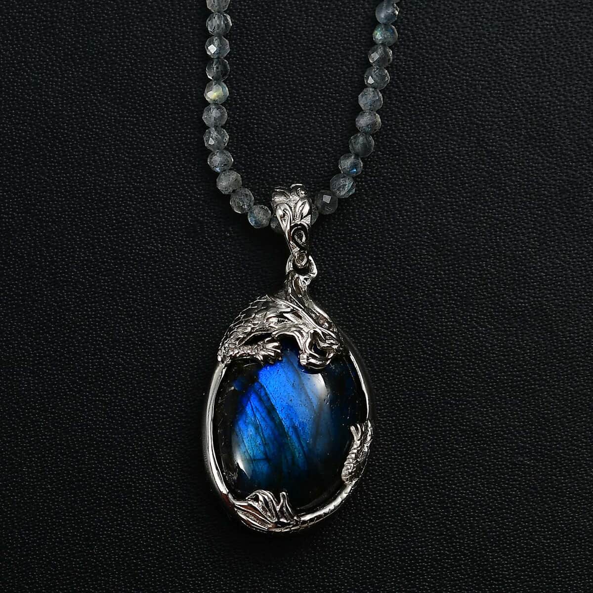 Karis Malagasy Labradorite 70.00 ctw Dragon Pendant with Beaded Necklace in Platinum Bond 18-20 Inches image number 3