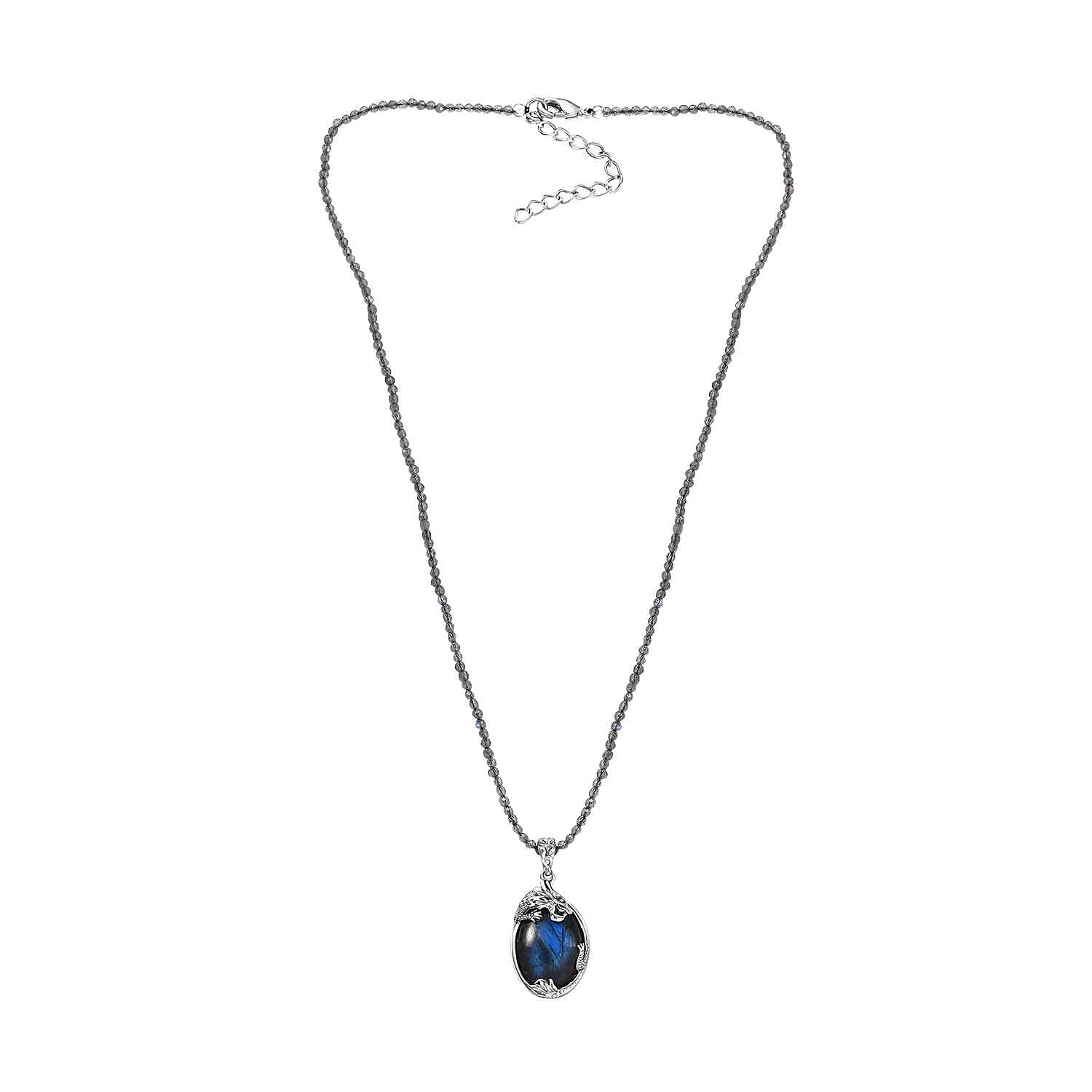 Karis Malagasy Labradorite 70.00 ctw Dragon Pendant with Beaded Necklace in Platinum Bond 18-20 Inches