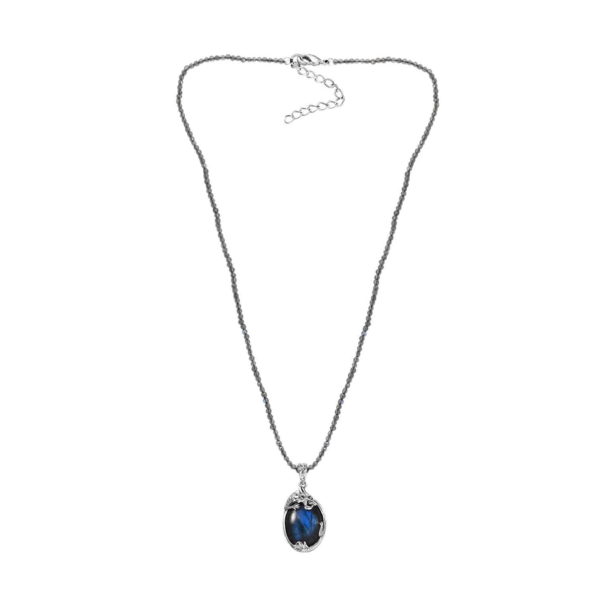 Karis Malagasy Labradorite 70.00 ctw Dragon Pendant with Beaded Necklace in Platinum Bond 18-20 Inches image number 4