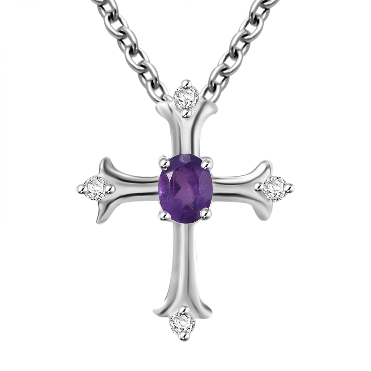 African Amethyst and White Zircon Cross 0.50 ctw Pendant in Sterling Silver with Stainless Steel Chain 20 Inches image number 0