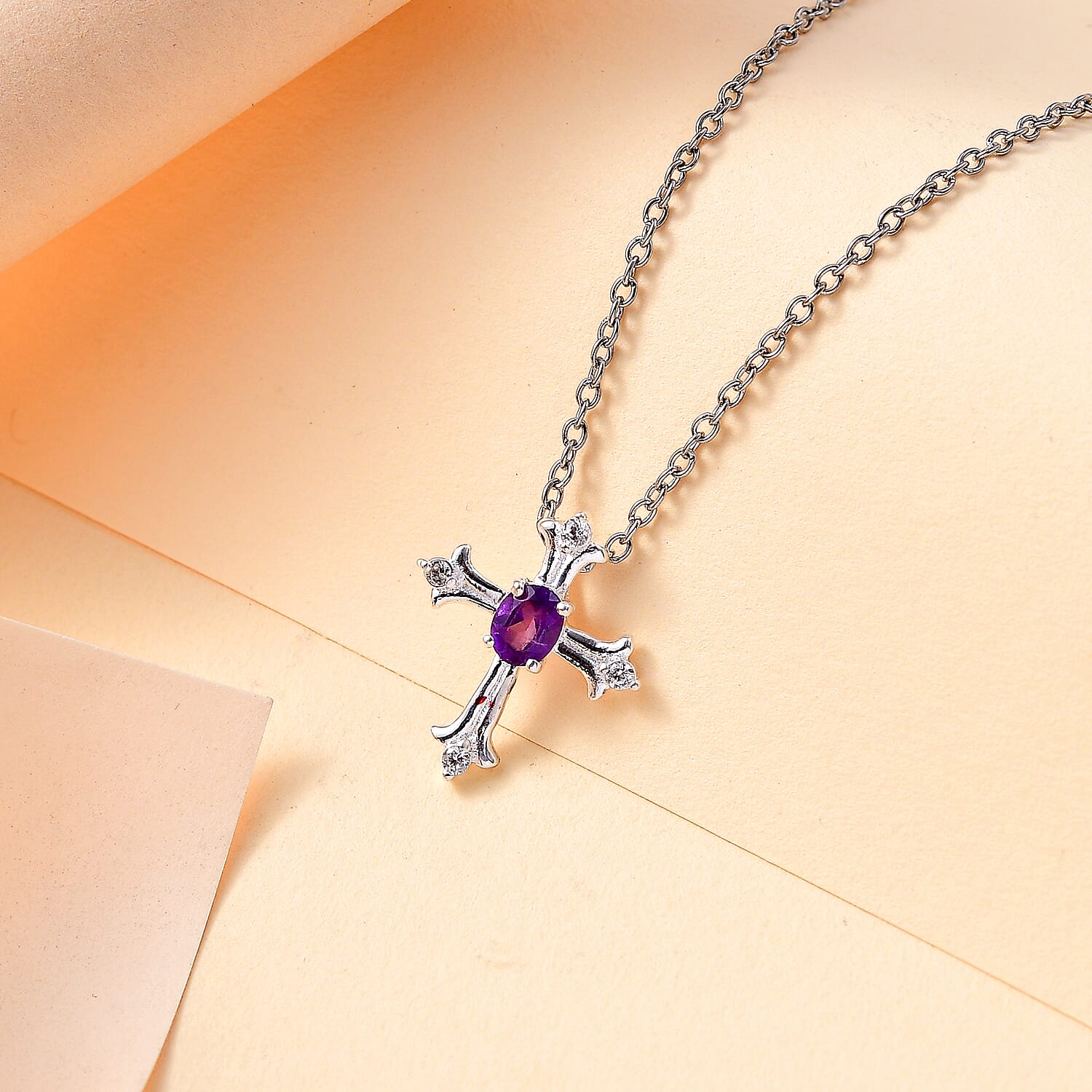 African Amethyst and White Zircon Cross 0.50 ctw Pendant in Sterling Silver with Stainless Steel Chain 20 Inches